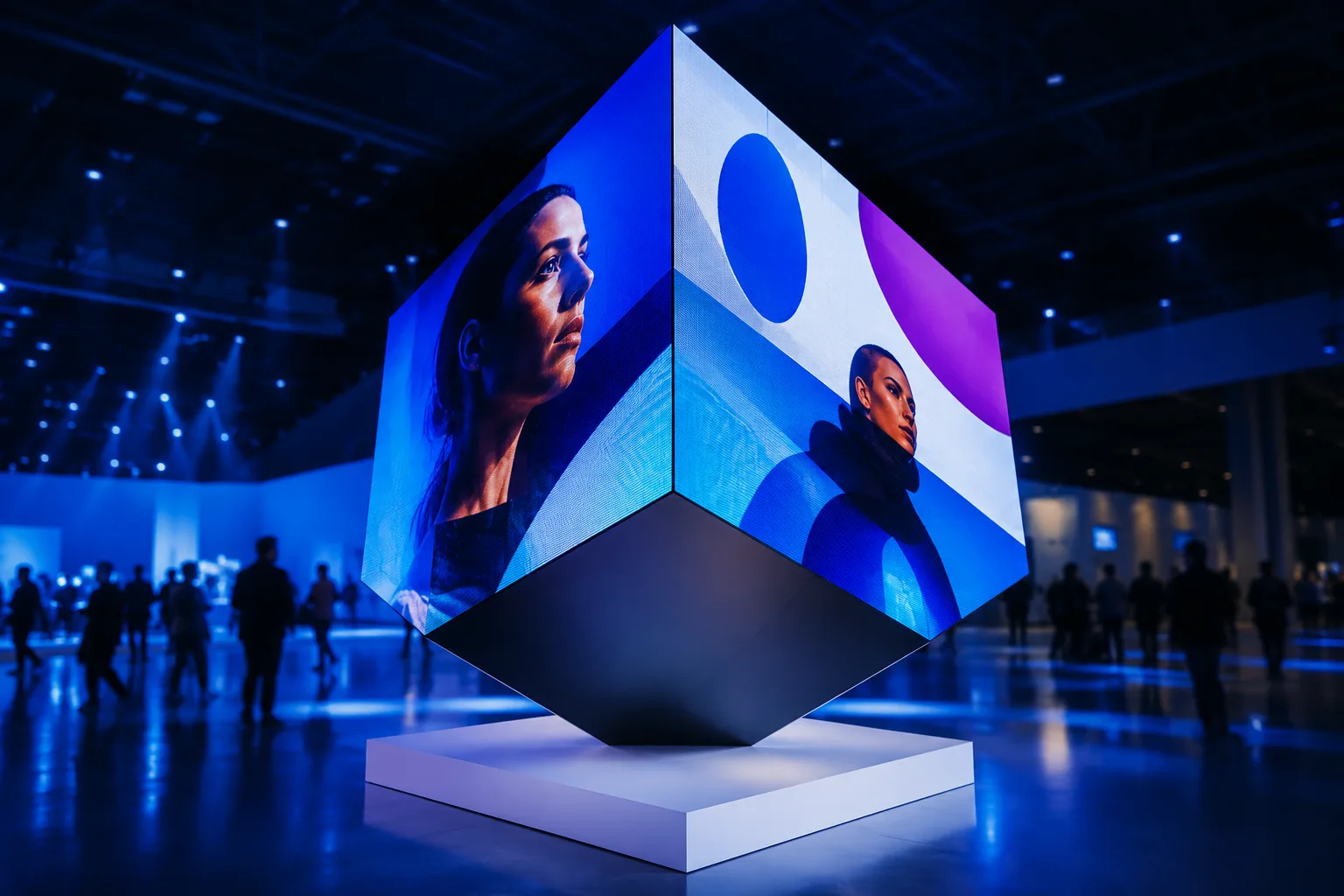 DreamWall cube-shaped LED digital advertising display showing vivid blue and purple campaign visuals in a darkened exhibition hall