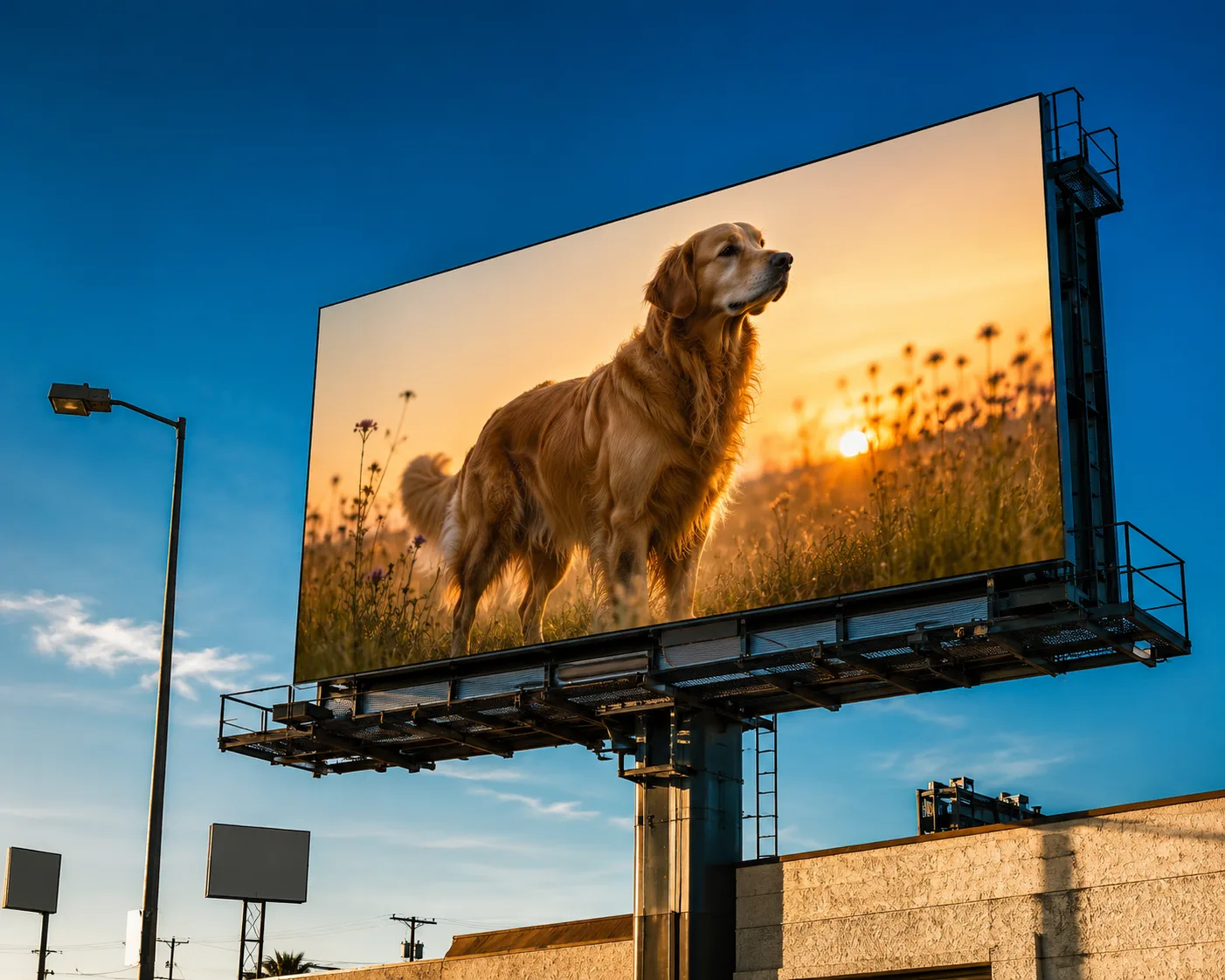 DreamWall outdoor LED billboard displaying a vivid golden retriever in a sunlit meadow against a clear blue sky