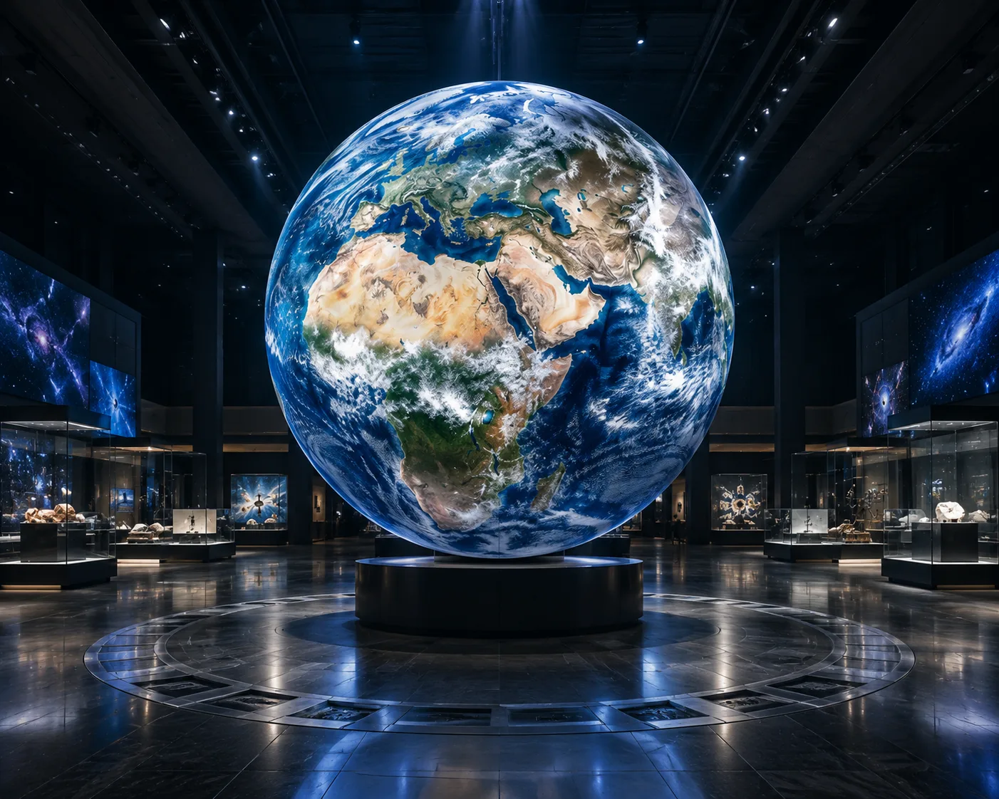 DreamWall HD spherical LED display showing a photorealistic rotating Earth in a darkened museum exhibition hall