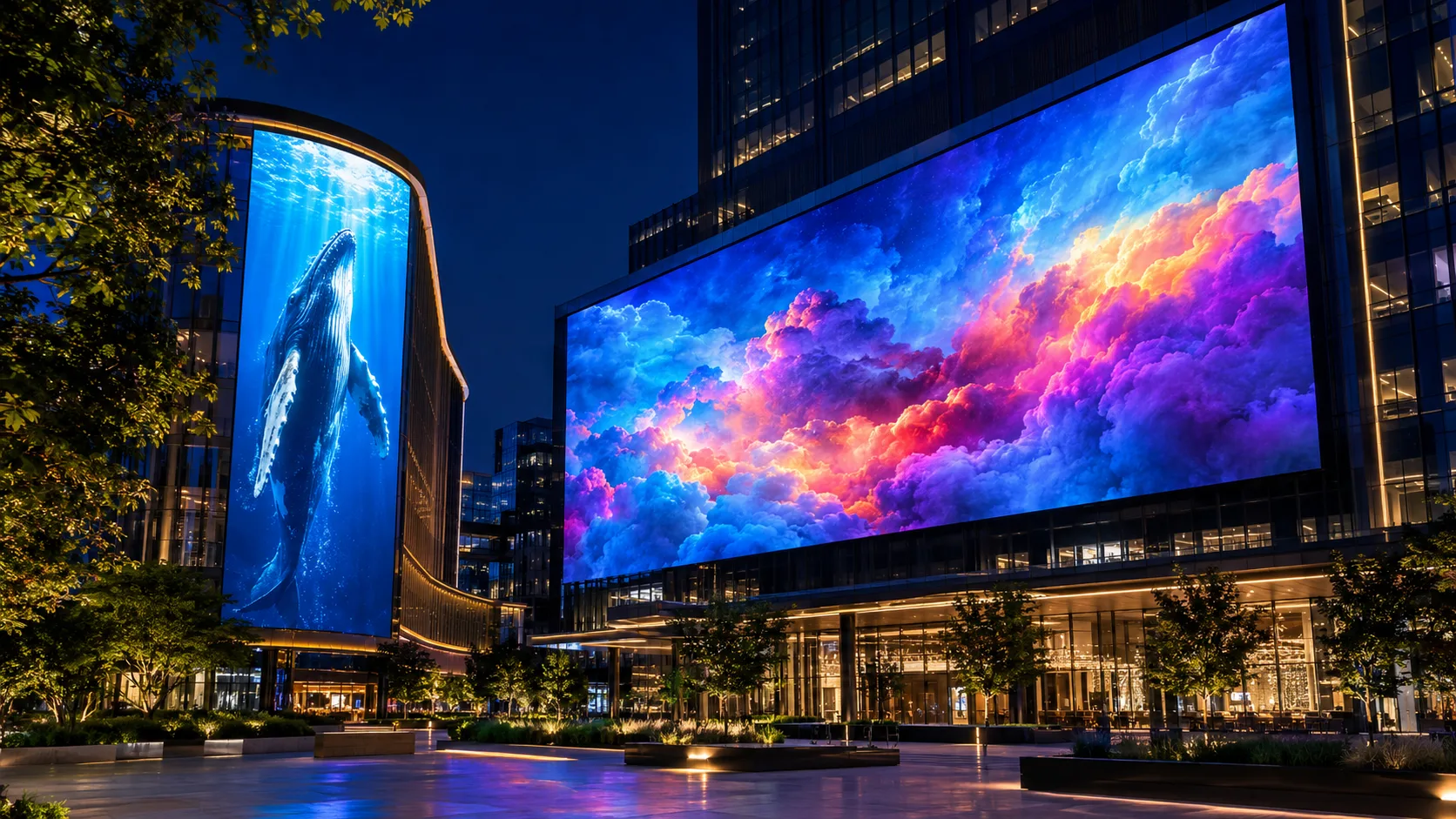 Massive LED video wall displaying vibrant cloud visuals on a modern urban building facade at night