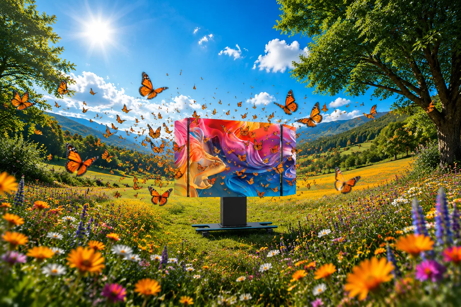 The Monarch all-in-one LED display standing in a sunlit wildflower meadow surrounded by monarch butterflies