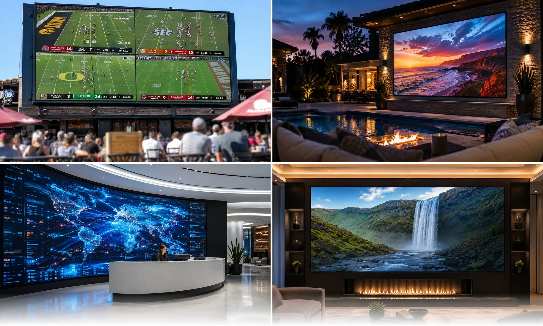 DreamWall LED walls: outdoor sports bar, backyard theater, corporate lobby, and home theater installations