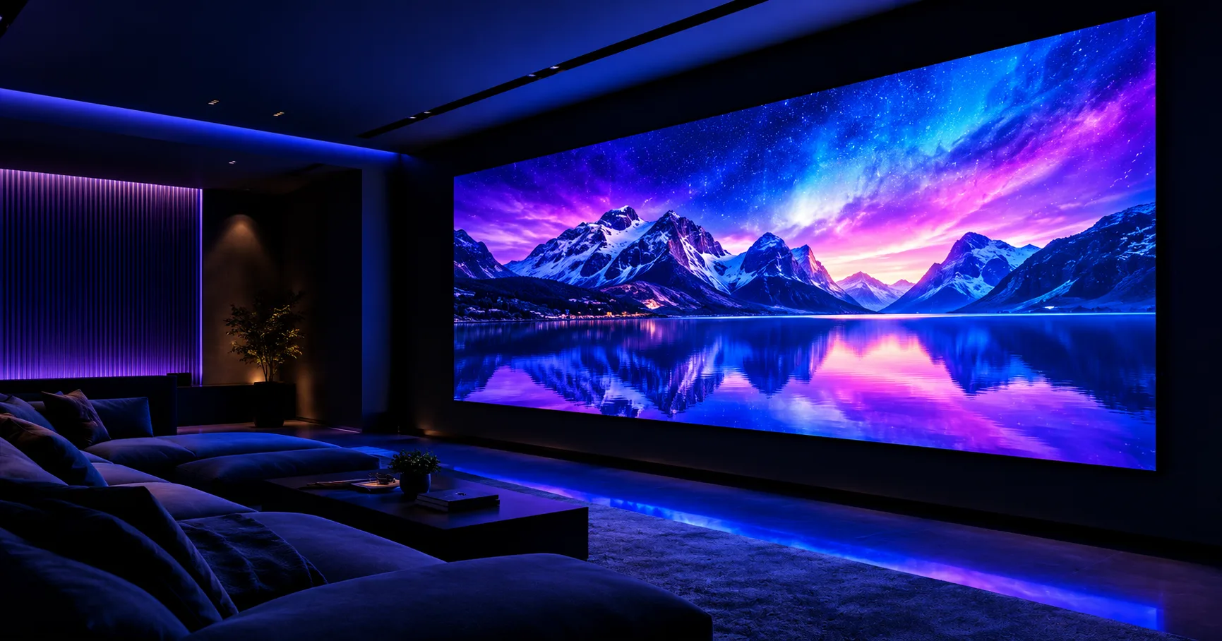 DreamWall home theater displaying a vivid blue and purple mountain landscape