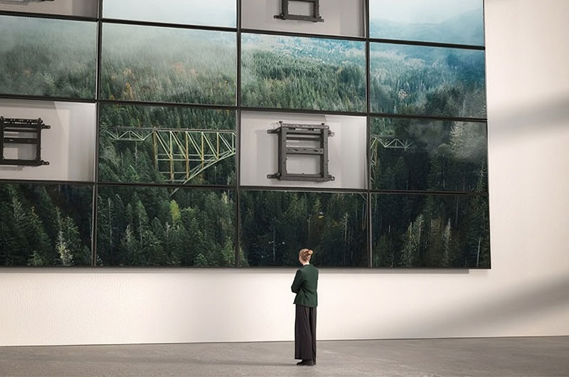 A person viewing a large multi-panel LED video wall displaying a forest landscape, with exposed mounting brackets visible between panels