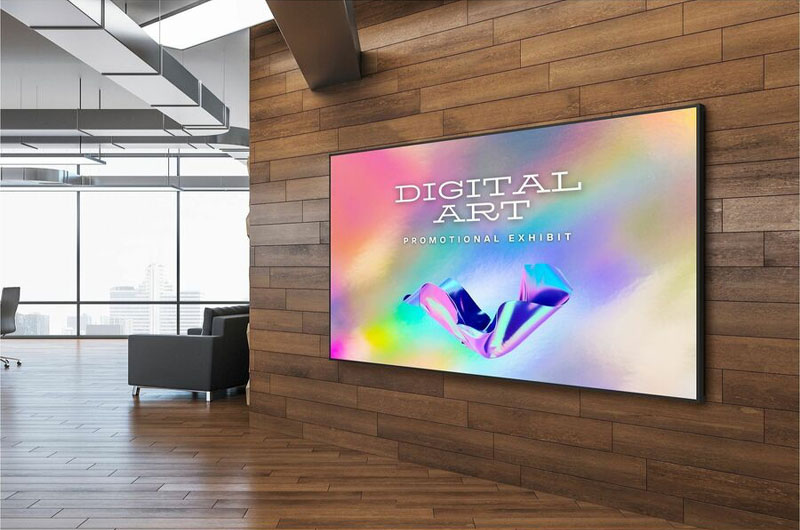 A wall-mounted dvLED display reading Digital Art Promotional Exhibit in a modern wood-paneled office