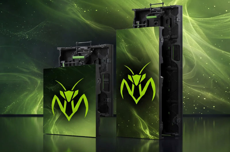 Planar Mantis Series LED cabinets with green mantis logo against a green abstract background