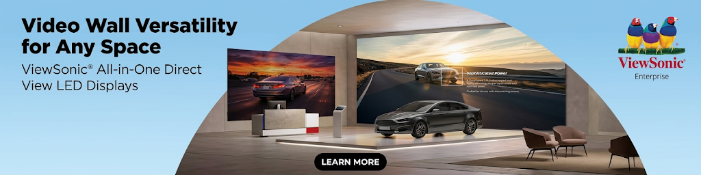 ViewSonic All-in-One Direct View LED Displays advertisement showing video walls in a luxury automotive showroom