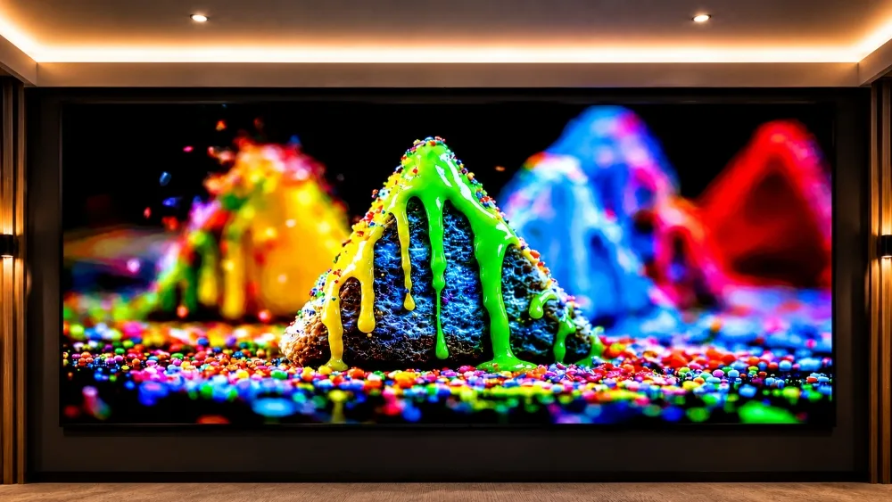 DreamWall video wall in a home theater displaying colorful candy-coated mountains