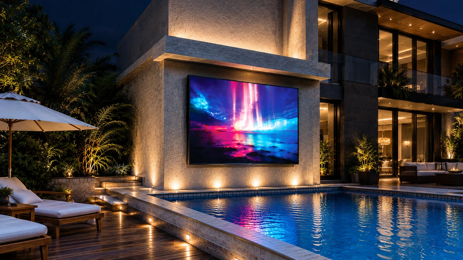 Outdoor video wall displaying colorful light above a swimming pool at a luxury home at night