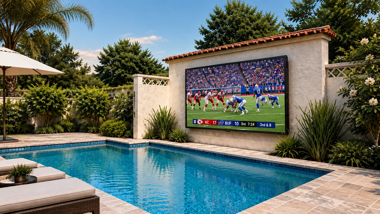 Outdoor video wall showing football beside a residential swimming pool