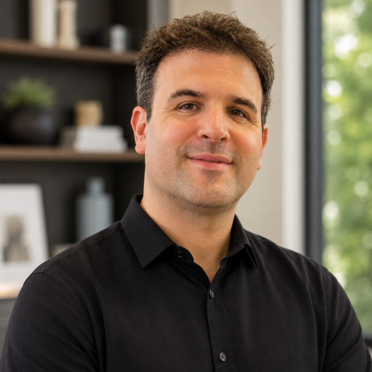 Noah Meicler, president of DreamWall, in a black shirt in front of shelving and a window