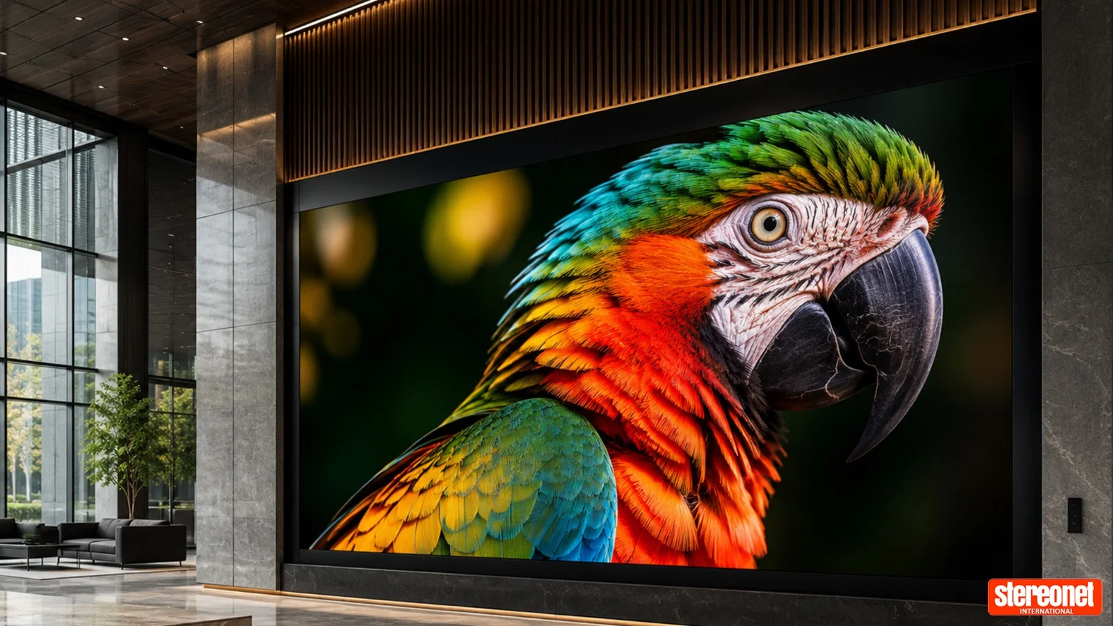 DreamWall video wall displaying a colorful macaw in a modern interior, with StereoNet branding