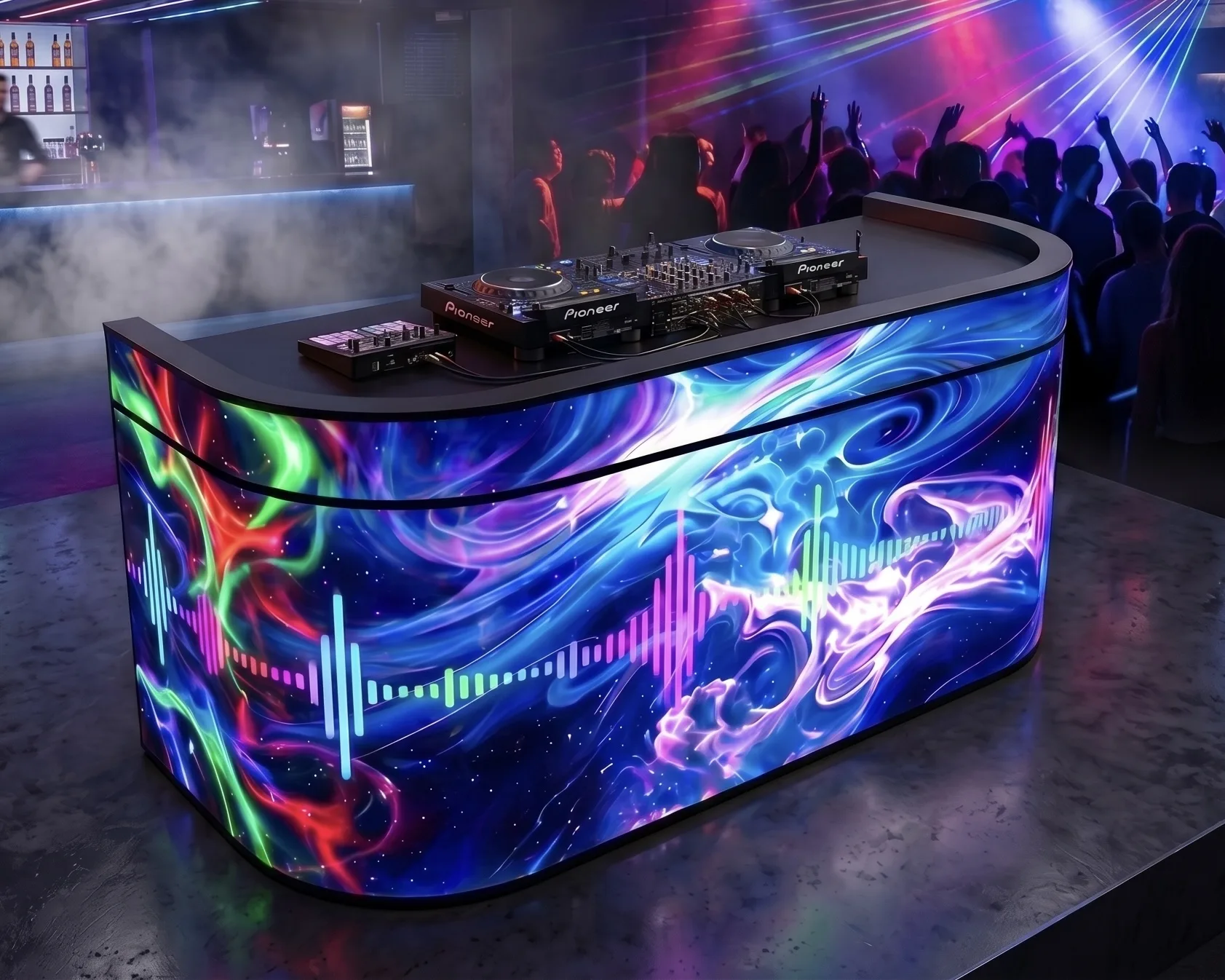 Curved LED display podium at a nightclub DJ booth