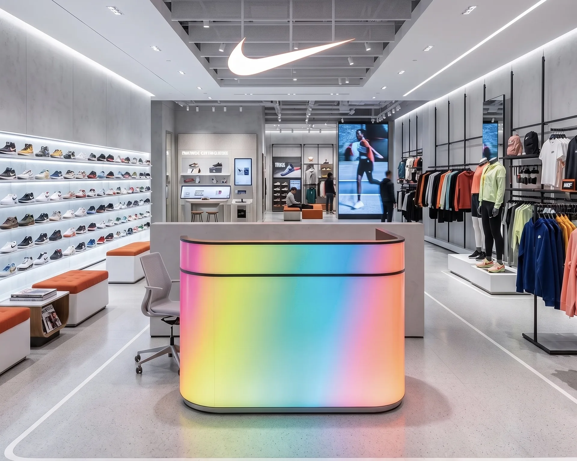 Curved LED display podium in a retail store