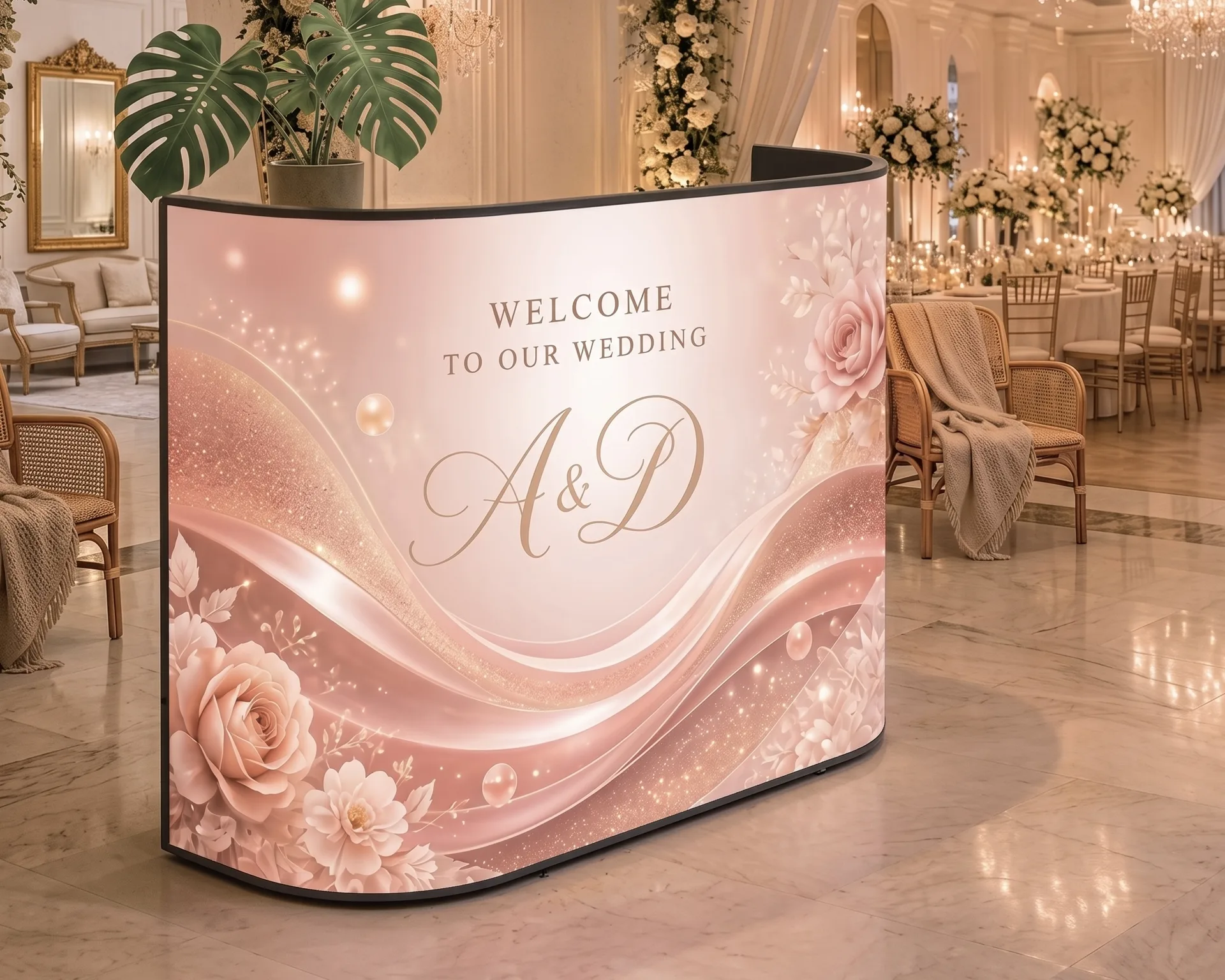 Curved LED display podium at an elegant wedding reception