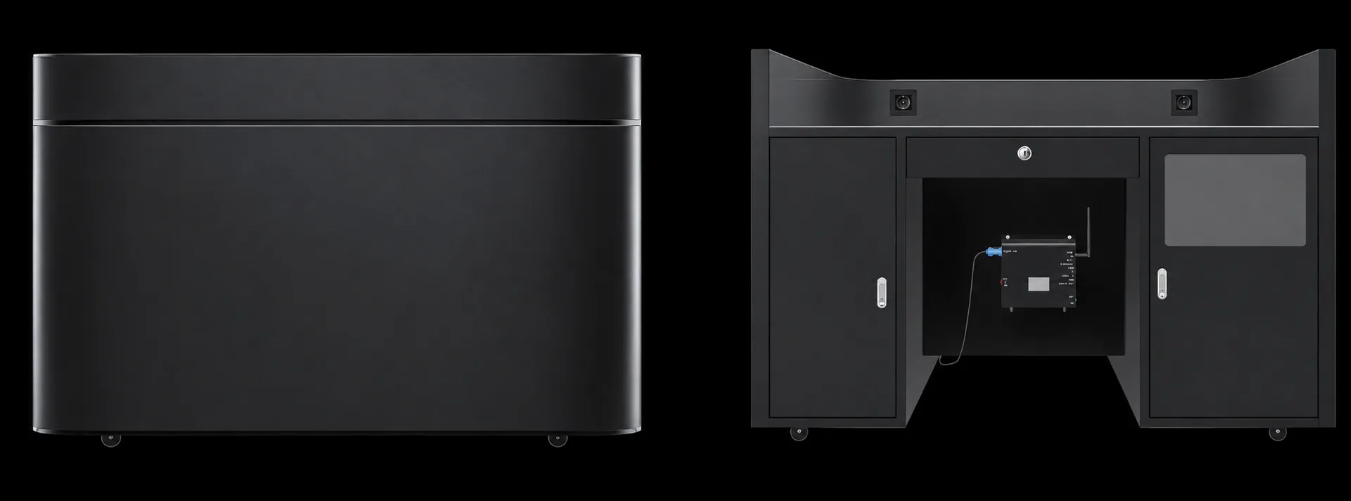 Front and rear views of the curved LED display podium